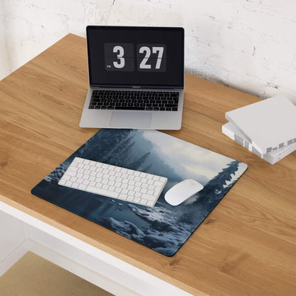 Wintry blue forest scene large gaming mouse pad with keyboard and mouse