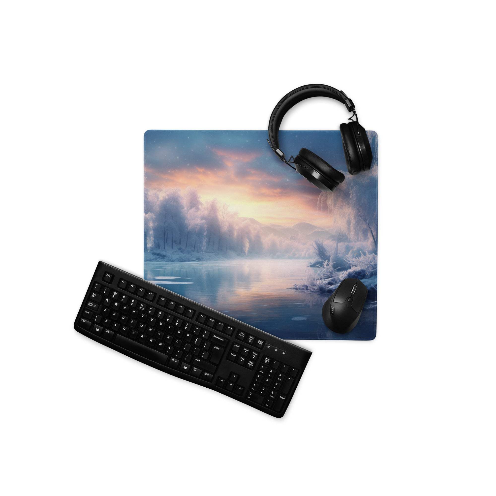 Elegant icy blue sunset gaming mousepad with keyboard and headphones