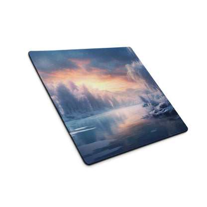 Elegant winter landscape mouse pad with icy blue sunset glow