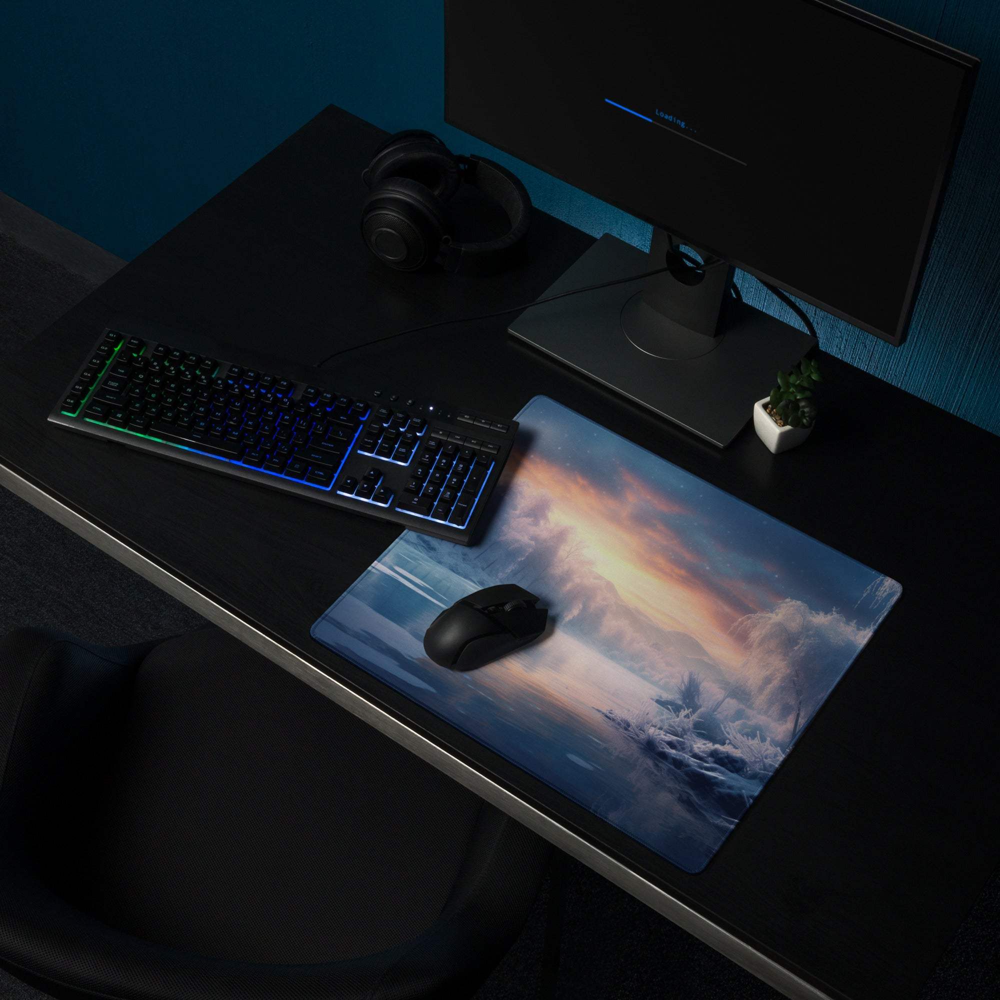 Elegant winter landscape gaming mouse pad with icy blue sunset glow