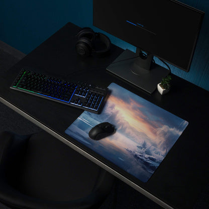 Elegant winter landscape gaming mouse pad with icy blue sunset glow