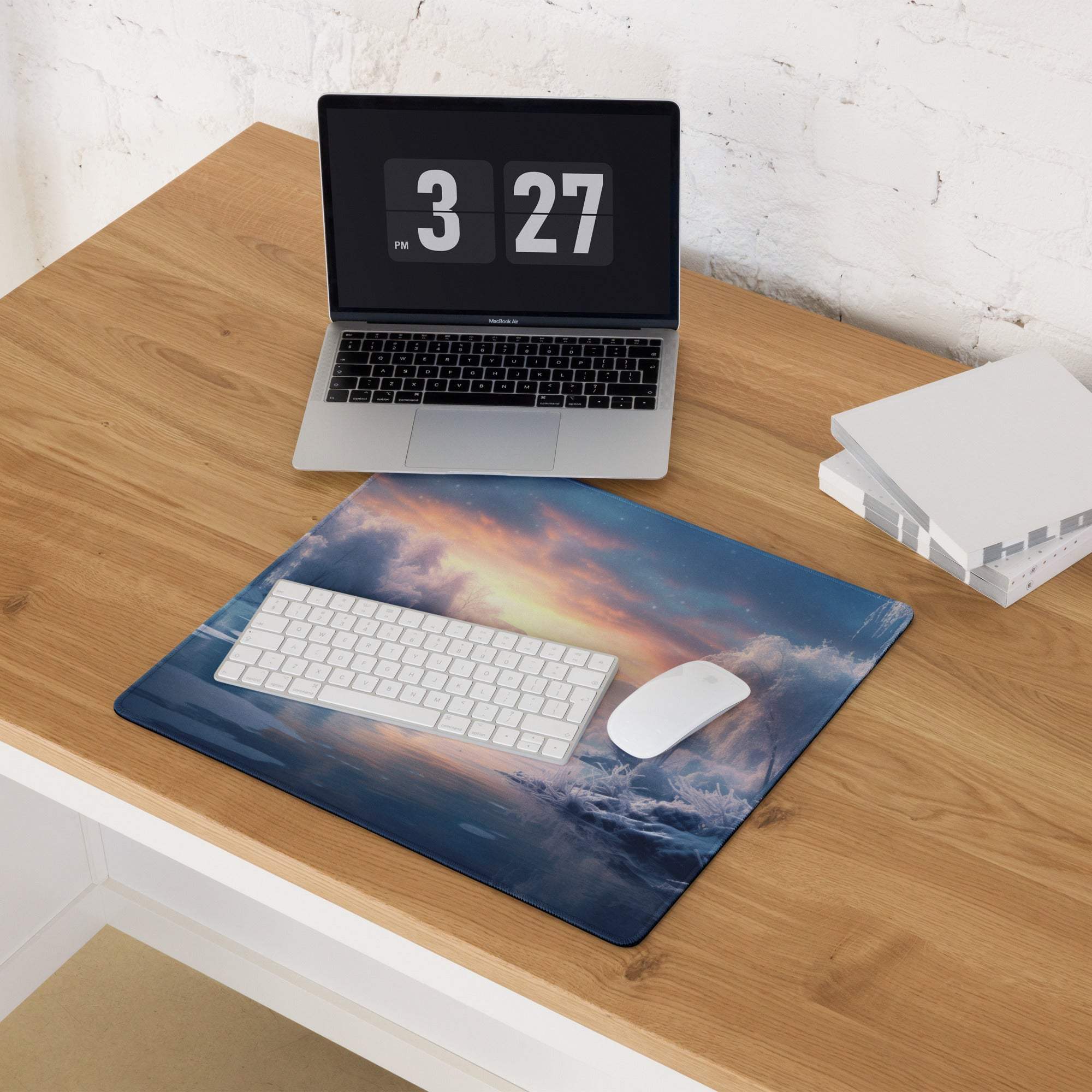 Elegant winter landscape icy blue sunset gaming mouse pad