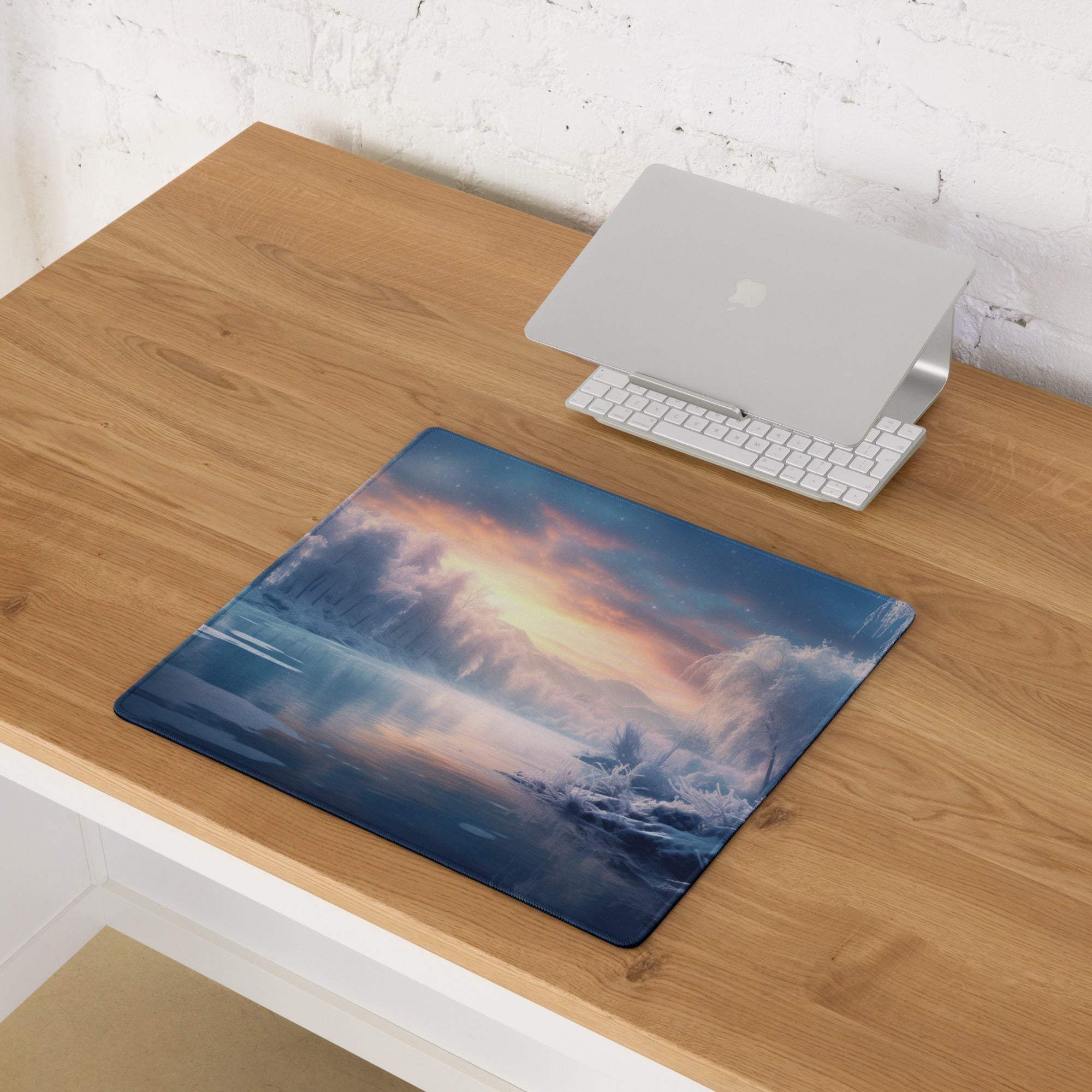 Elegant winter landscape gaming mouse pad with icy blue sunset glow