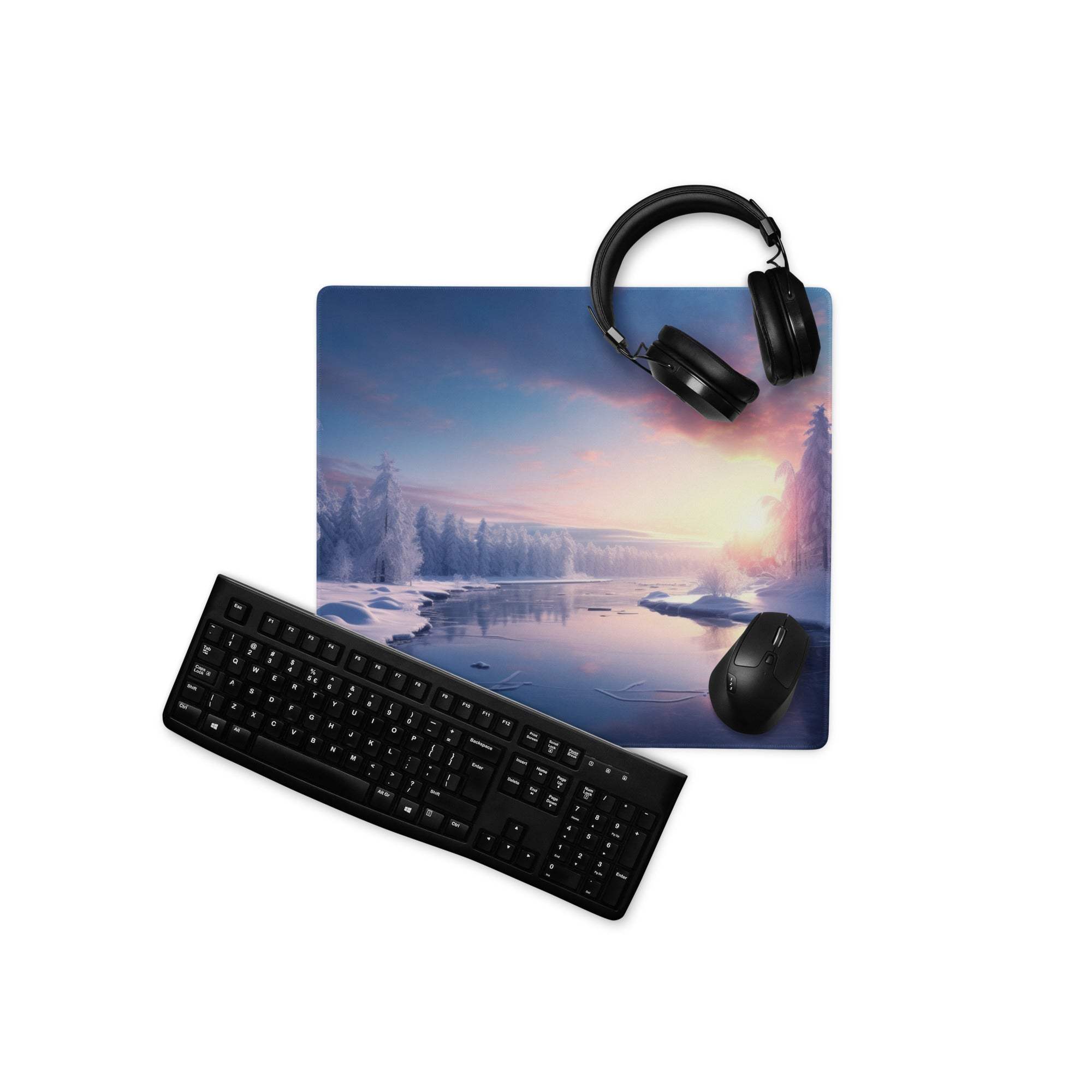 Black gaming headset on elegant winter landscape icy blue sunset extra large mouse pad