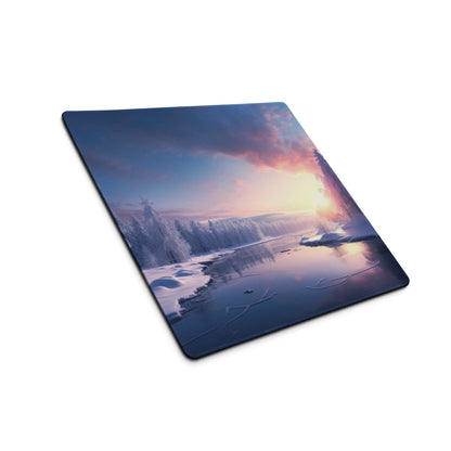 Elegant winter landscape gaming mouse pad with icy blue sunset glow