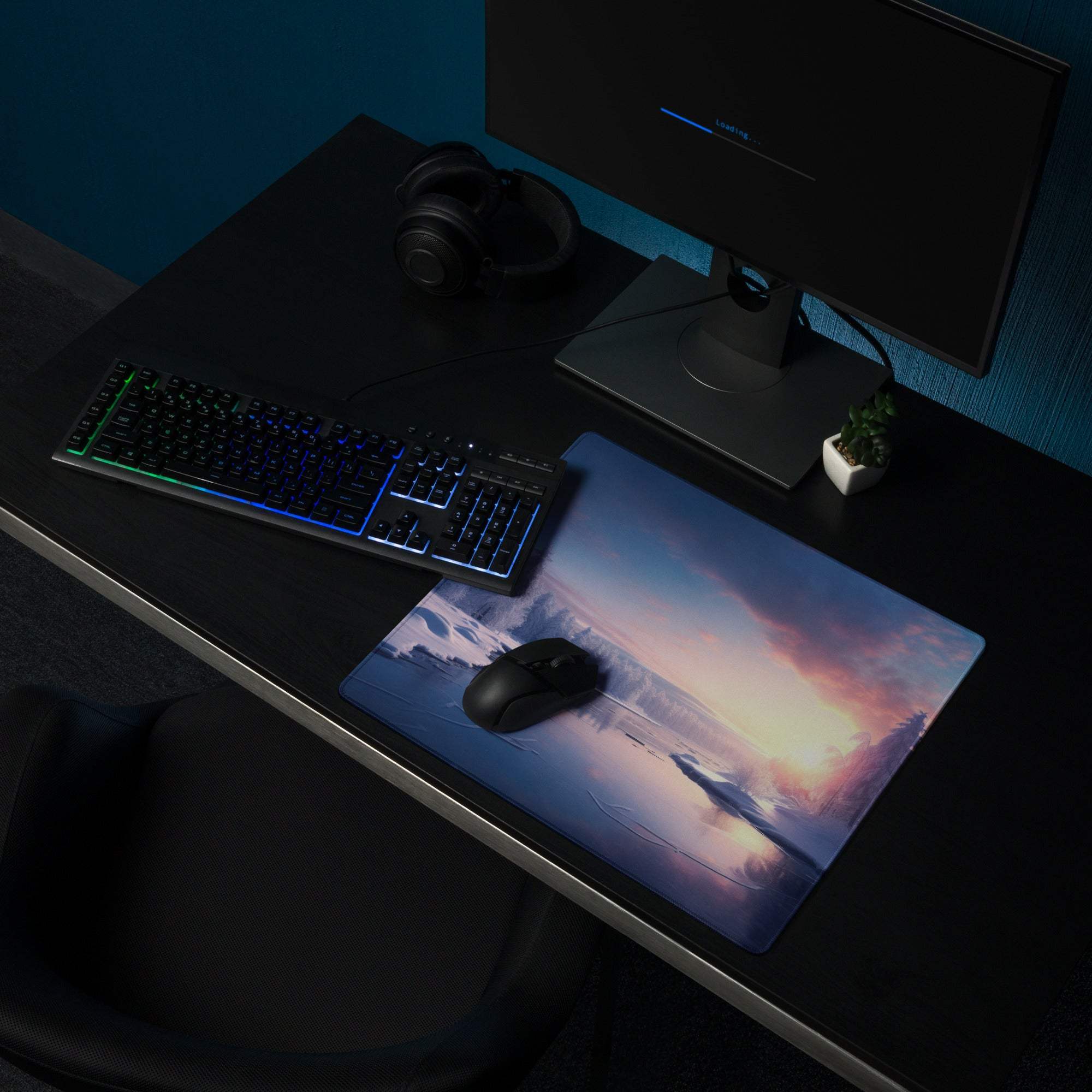 Elegant winter landscape gaming mouse pad with icy blue sunset glow