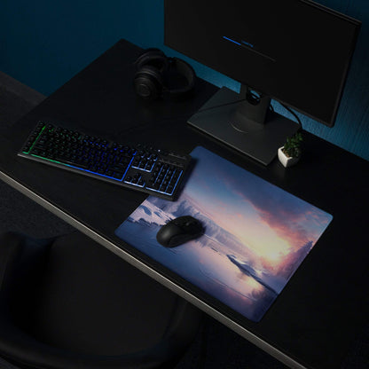 Elegant winter landscape gaming mouse pad with icy blue sunset glow