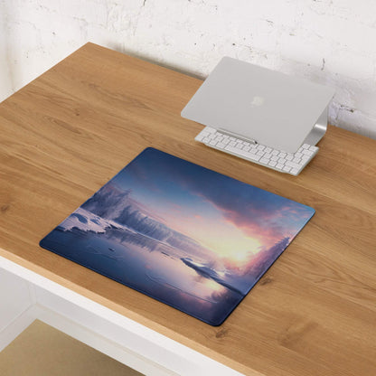 Elegant winter landscape gaming mouse pad with icy blue sunset glow