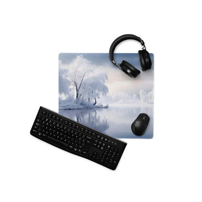 Serene blue winter landscape mousepad with black keyboard and headphones