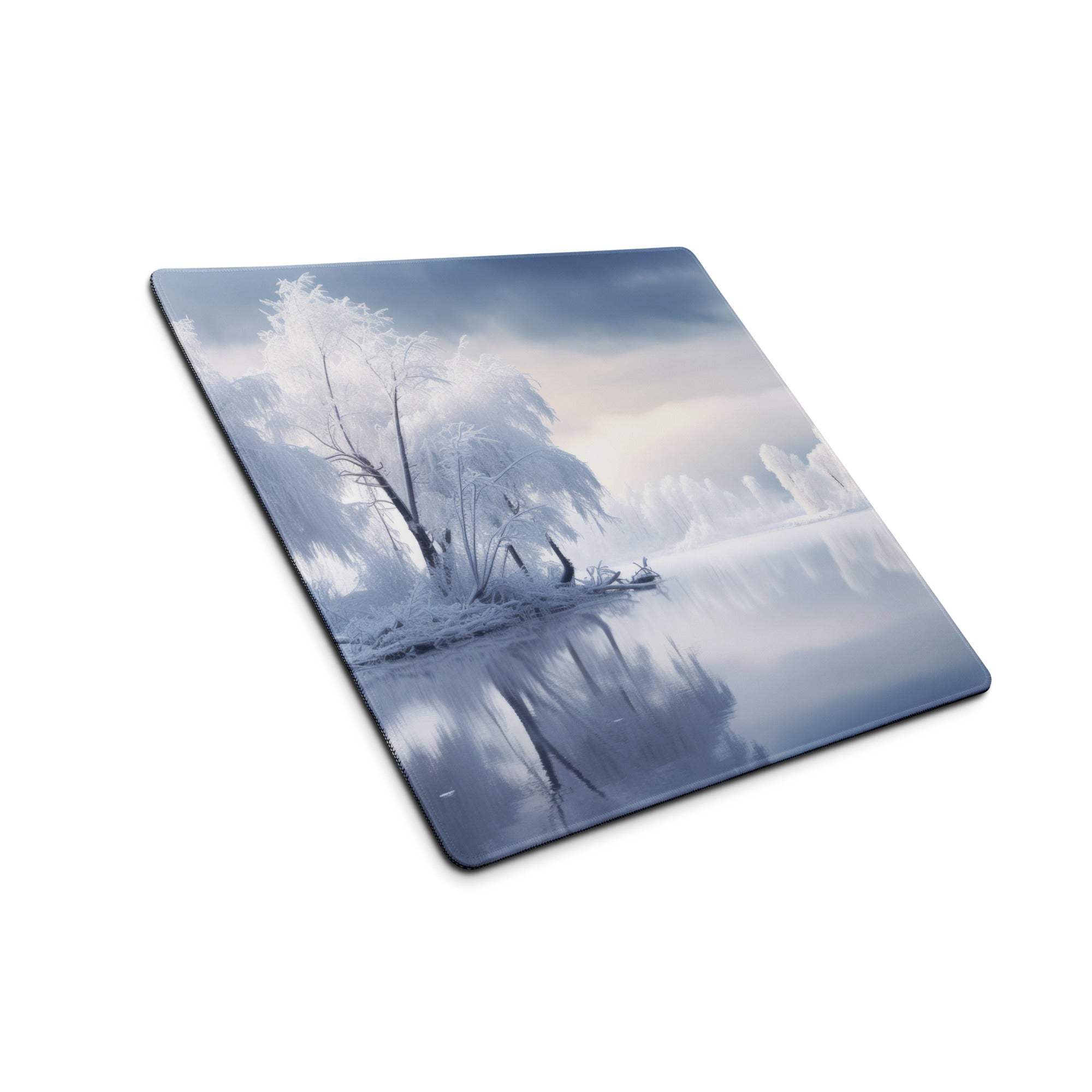 Blue white frosty landscape mousepad with bare trees in reflective water