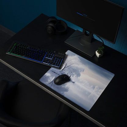 Grayscale bare frosty tree branches on cloudy sky gaming mousepad