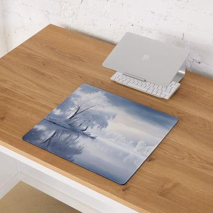 Serene ultra wide blue white winter landscape gaming mousepad with reflective water