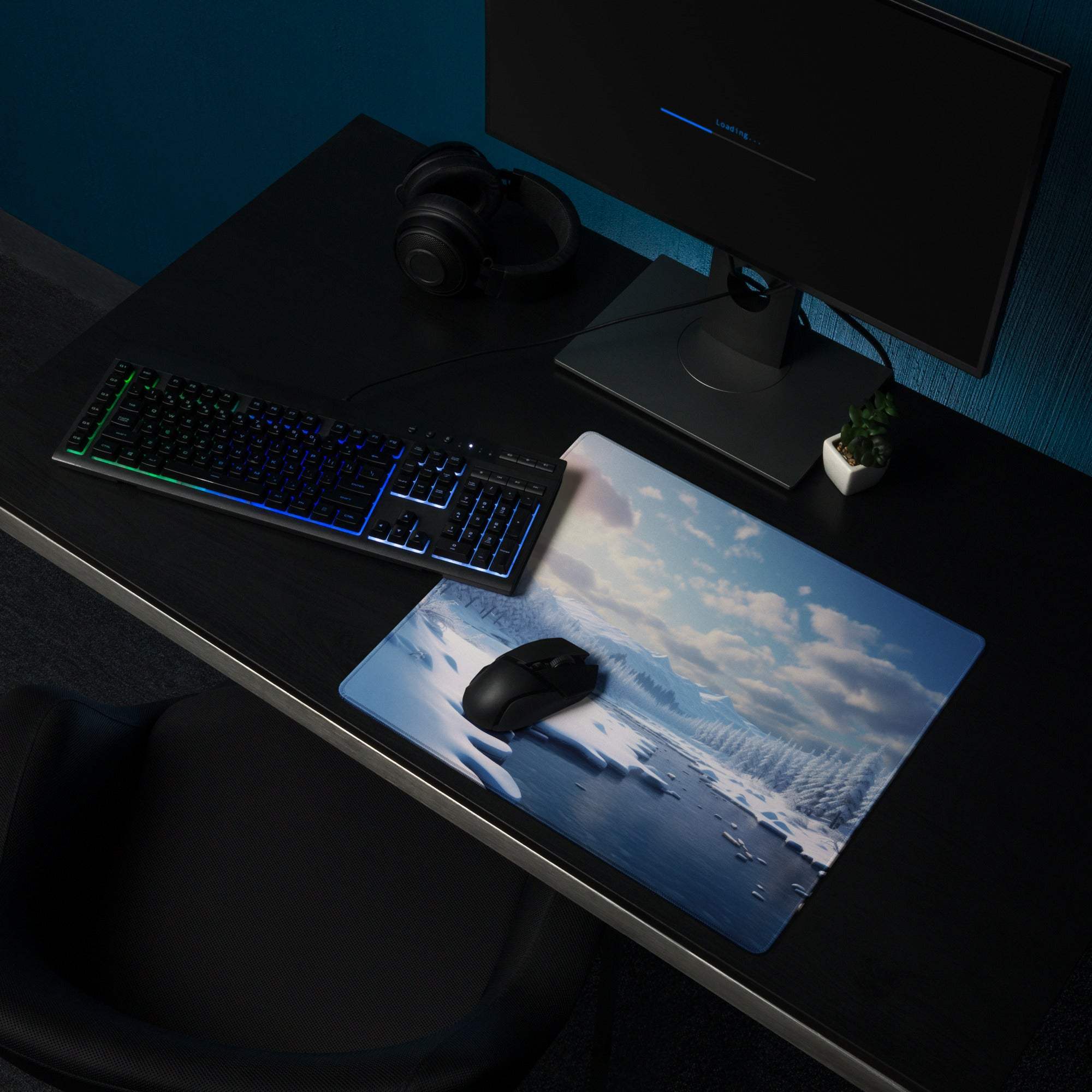 Winter Serenity snowy landscape gaming mouse pad with blue white snow, black wireless mouse