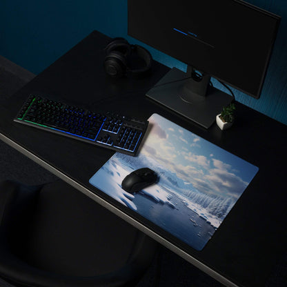 Winter Serenity snowy landscape gaming mouse pad with blue white snow, black wireless mouse