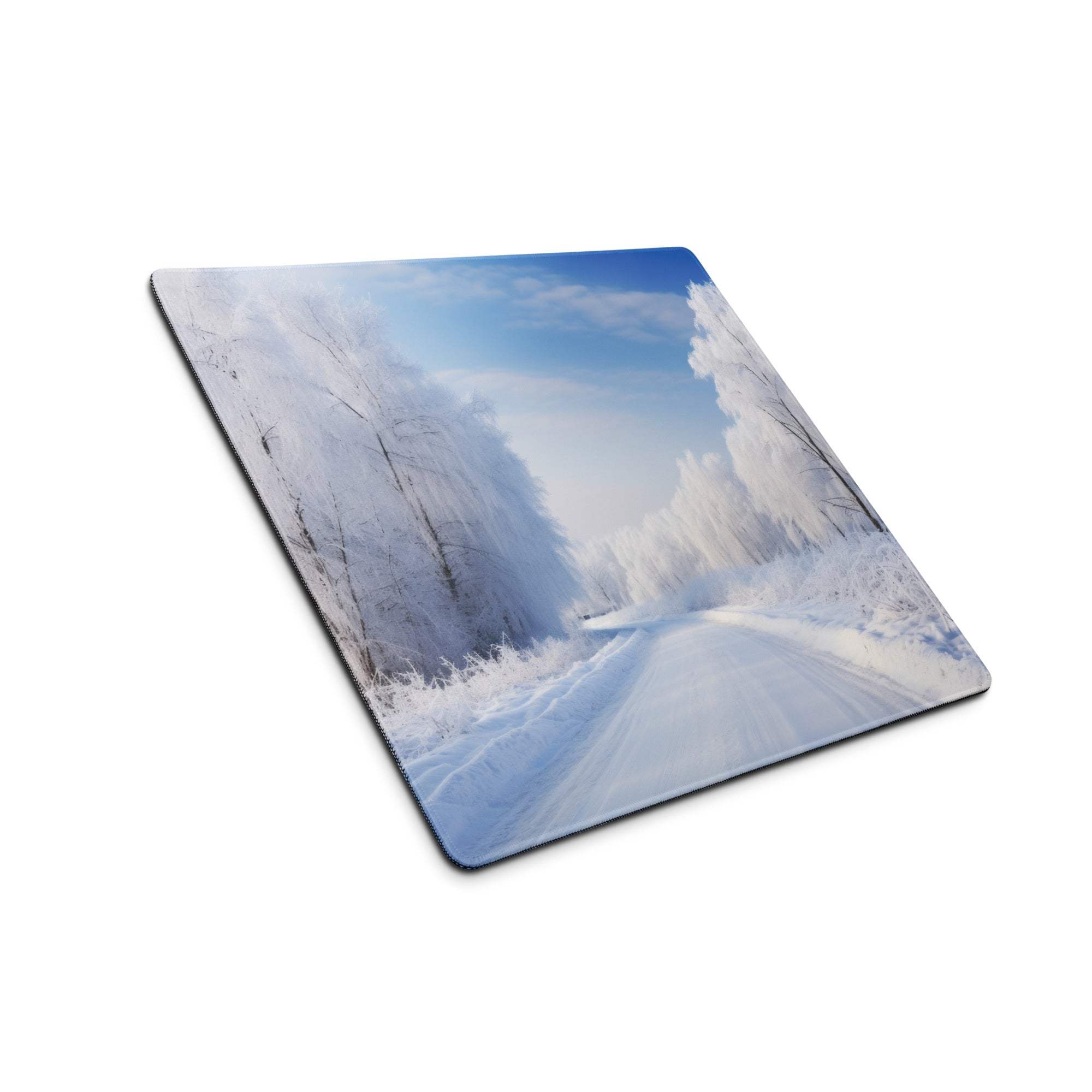 Serene Winter Forest large premium gaming mouse pad with snowy blue landscape