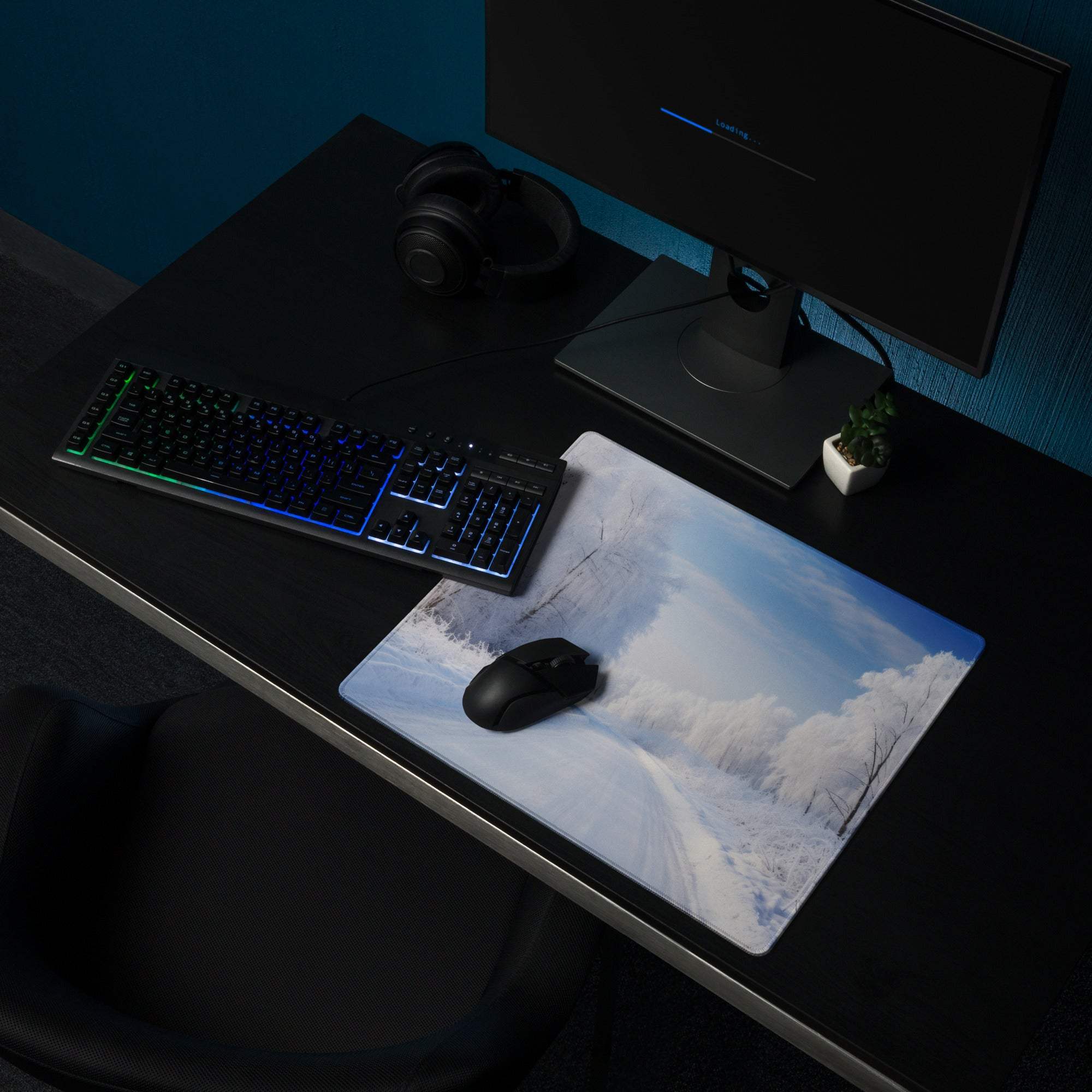 Winter Serenity snowy landscape gaming mouse pad with non-slip base
