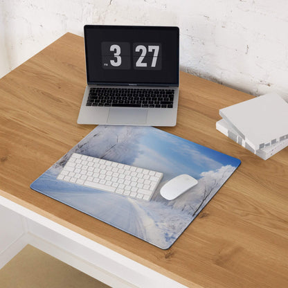 Serene Winter Forest snowy blue large gaming mouse pad with textured edge