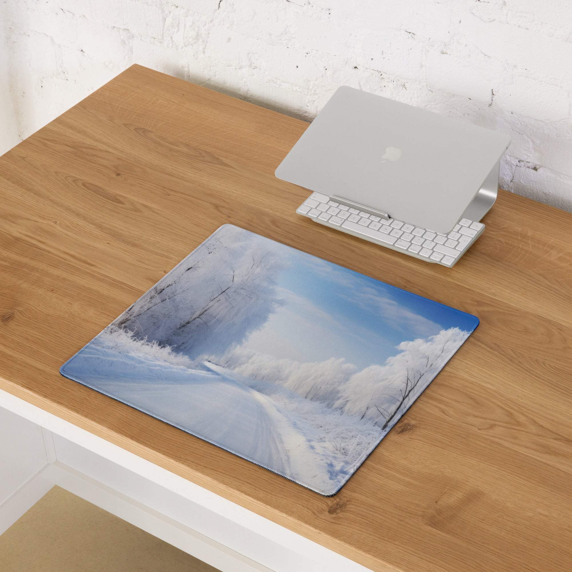 Serene Winter Forest large gaming mouse pad with snowy blue landscape