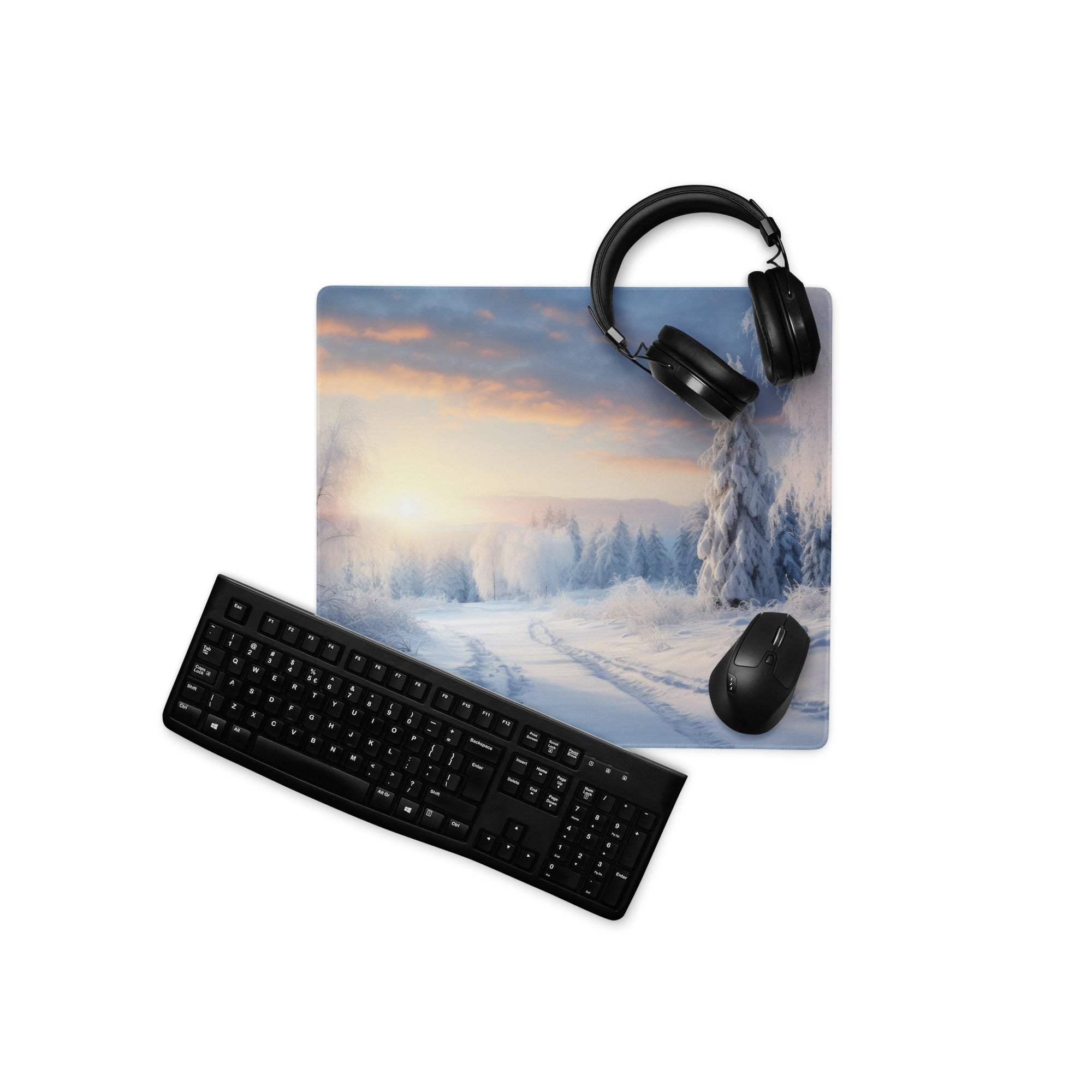 Professional icy winter sunrise gaming mouse pad with snow trees path