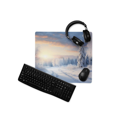Professional icy winter sunrise gaming mouse pad with snow trees path