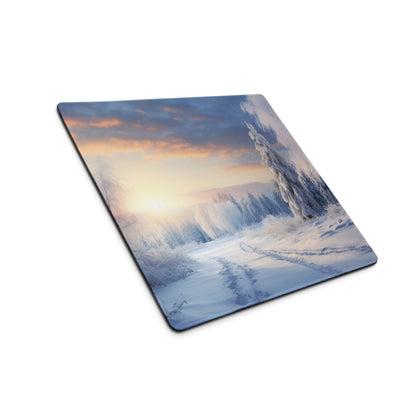 Professional Icy Winter Sunrise gaming mouse pad with serene snow-covered trees
