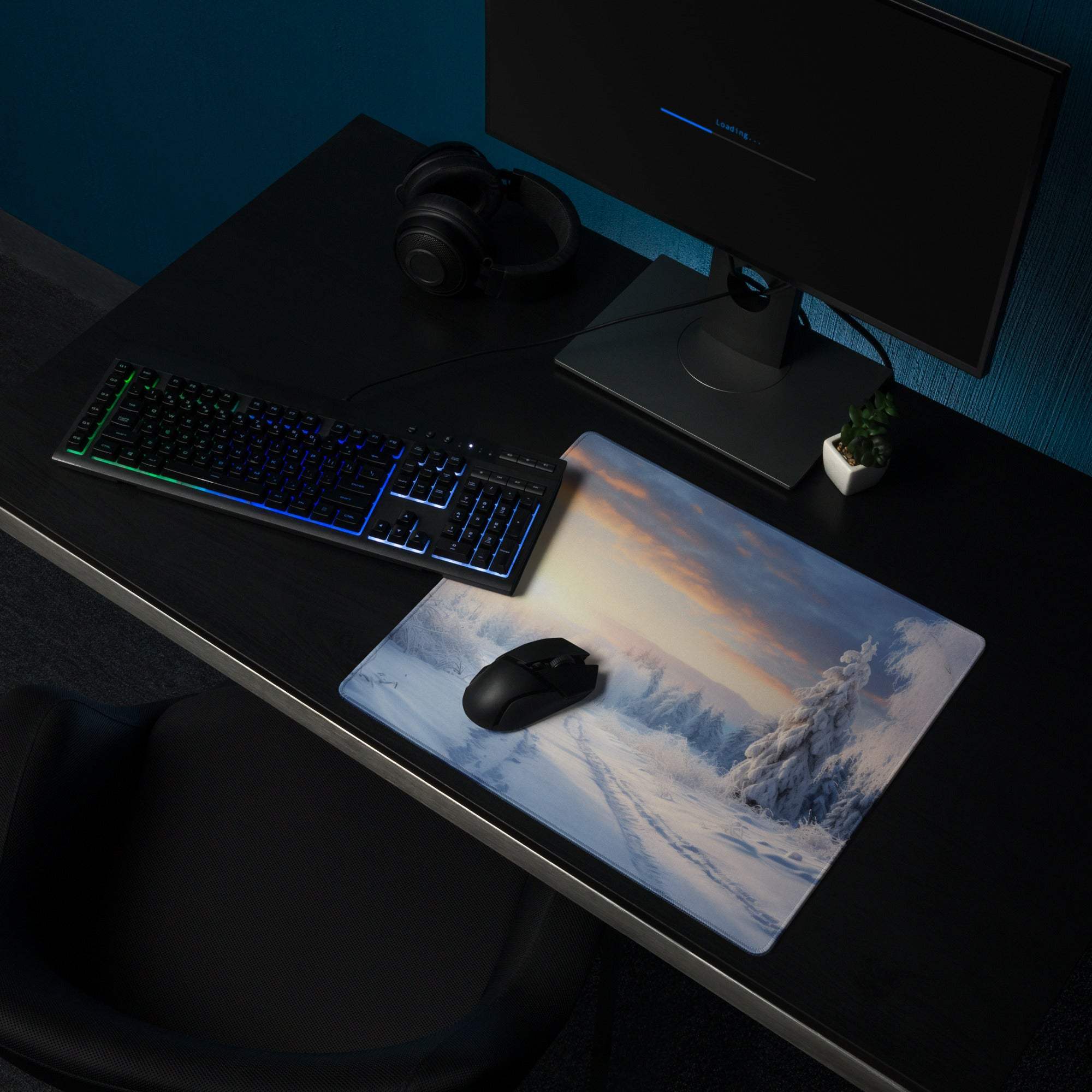 Professional Icy Winter Sunrise gaming mouse pad with snow trees sunset