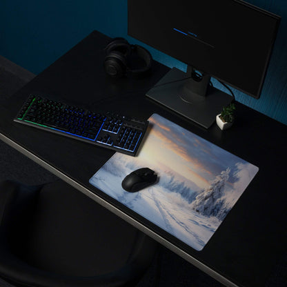Professional Icy Winter Sunrise gaming mouse pad with snow trees sunset