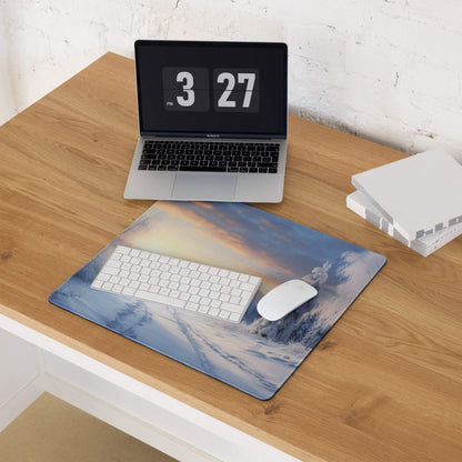 Blue and white icy winter sunrise mountain landscape gaming mousepad