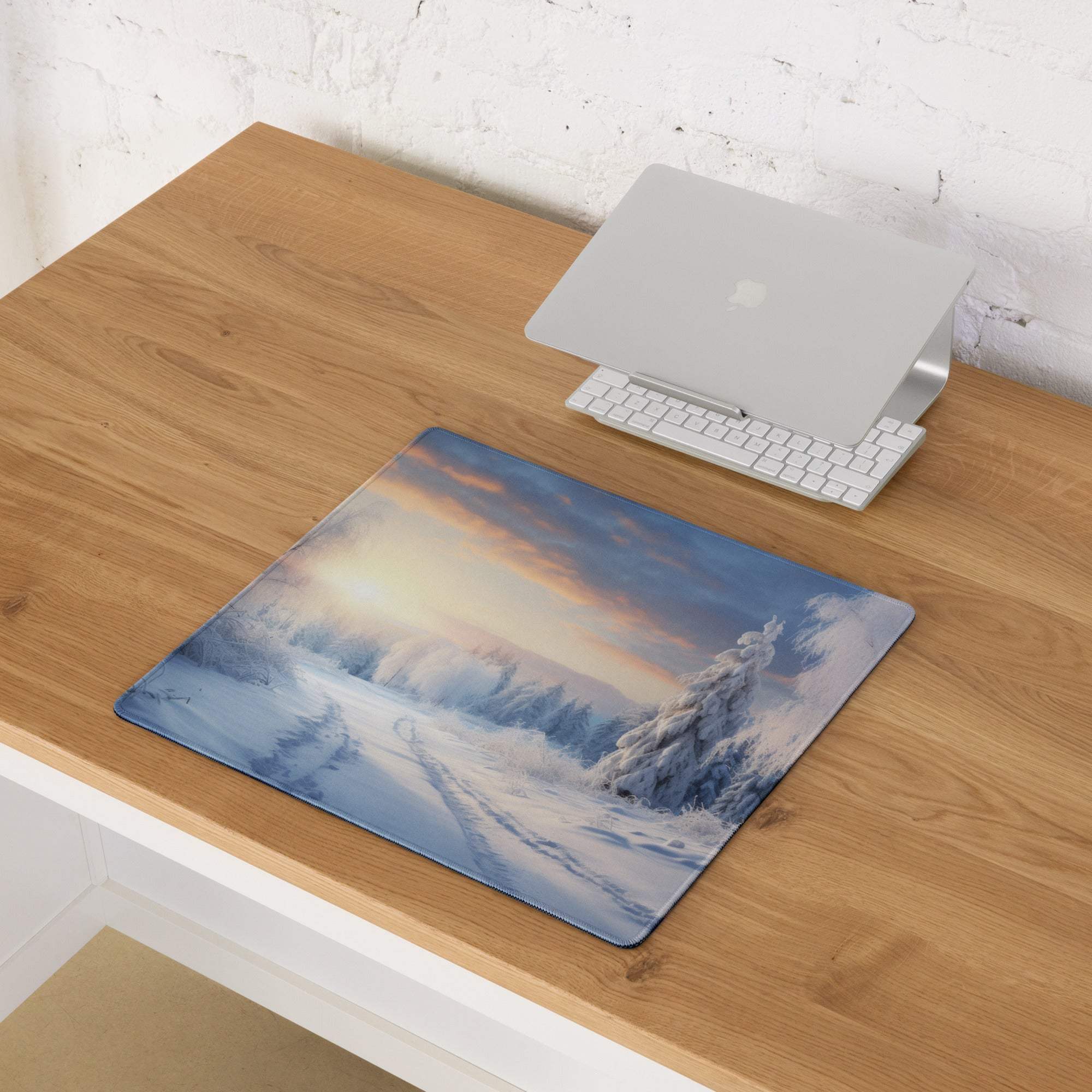 Professional icy winter sunrise gaming mouse pad with snow-covered trees