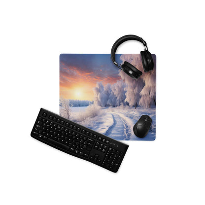 Black keyboard, mouse, and headphones on Winter Sunrise Snowy Forest gaming mouse pad