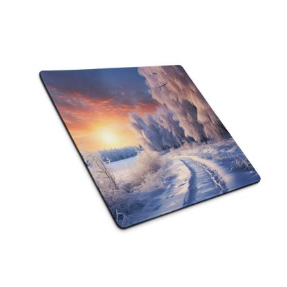 Winter sunrise snowy forest gaming mouse pad with icy trees and sunset sky