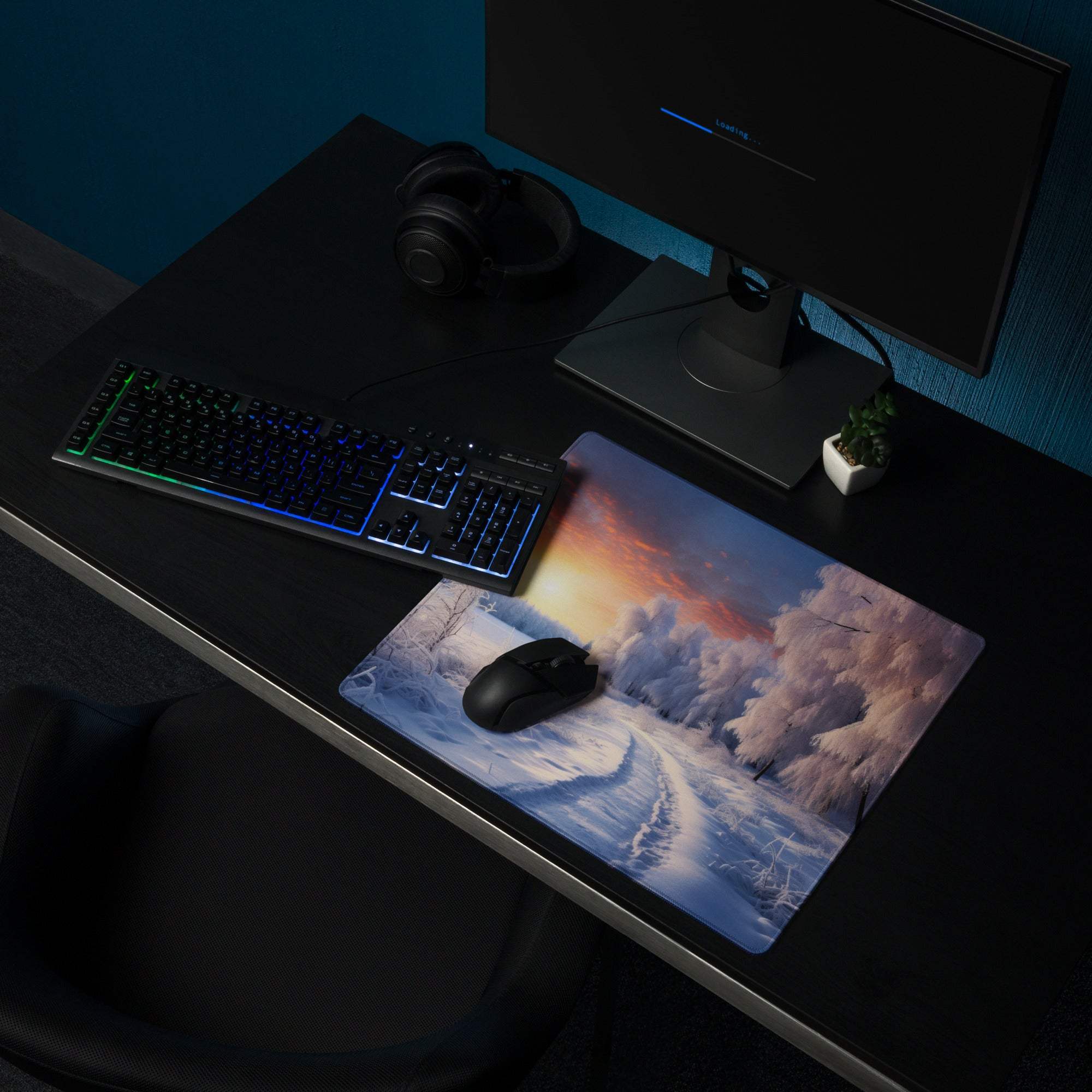 Winter Sunrise Snowy Forest gaming mouse pad with large non-slip surface