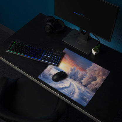Winter Sunrise Snowy Forest gaming mouse pad with large non-slip surface