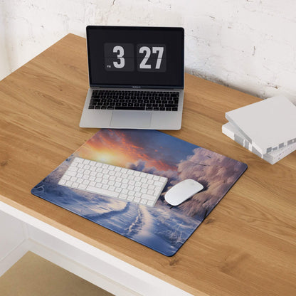 Winter sunrise snowy forest gaming mouse pad with sunset stormy sky design