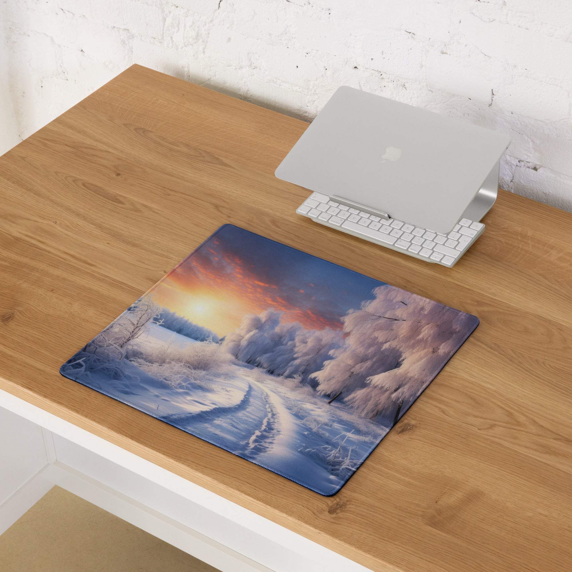 Winter sunrise snowy forest gaming mouse pad with large non-slip surface