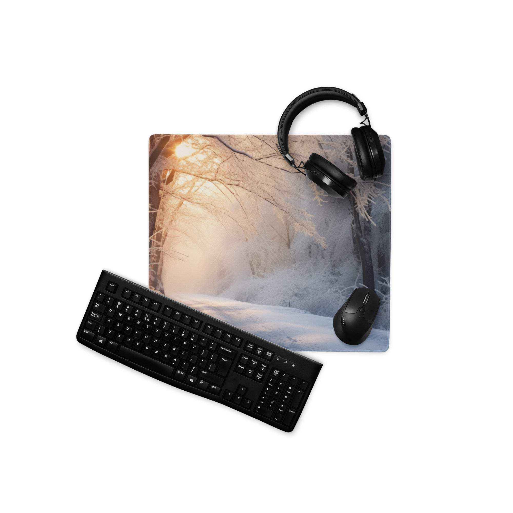 Black keyboard and mouse on Serene Winter Forest Sunrise gaming mousepad