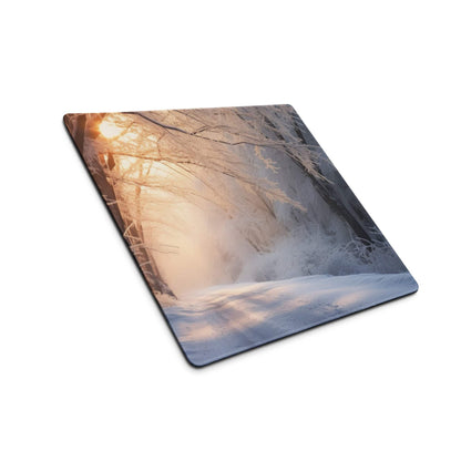 Serene winter forest sunrise mouse pad with golden glow and frost branches