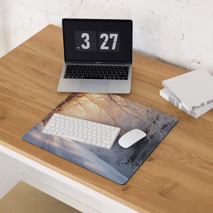 Serene winter forest sunrise mousepad with golden glow and bare branches
