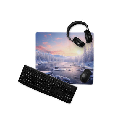 Black matte wireless QWERTY keyboard on Epic Blue Winter Sunrise mouse pad