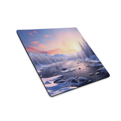 Epic Blue Winter Sunrise large gaming mouse pad with snow trees and sunset reflection