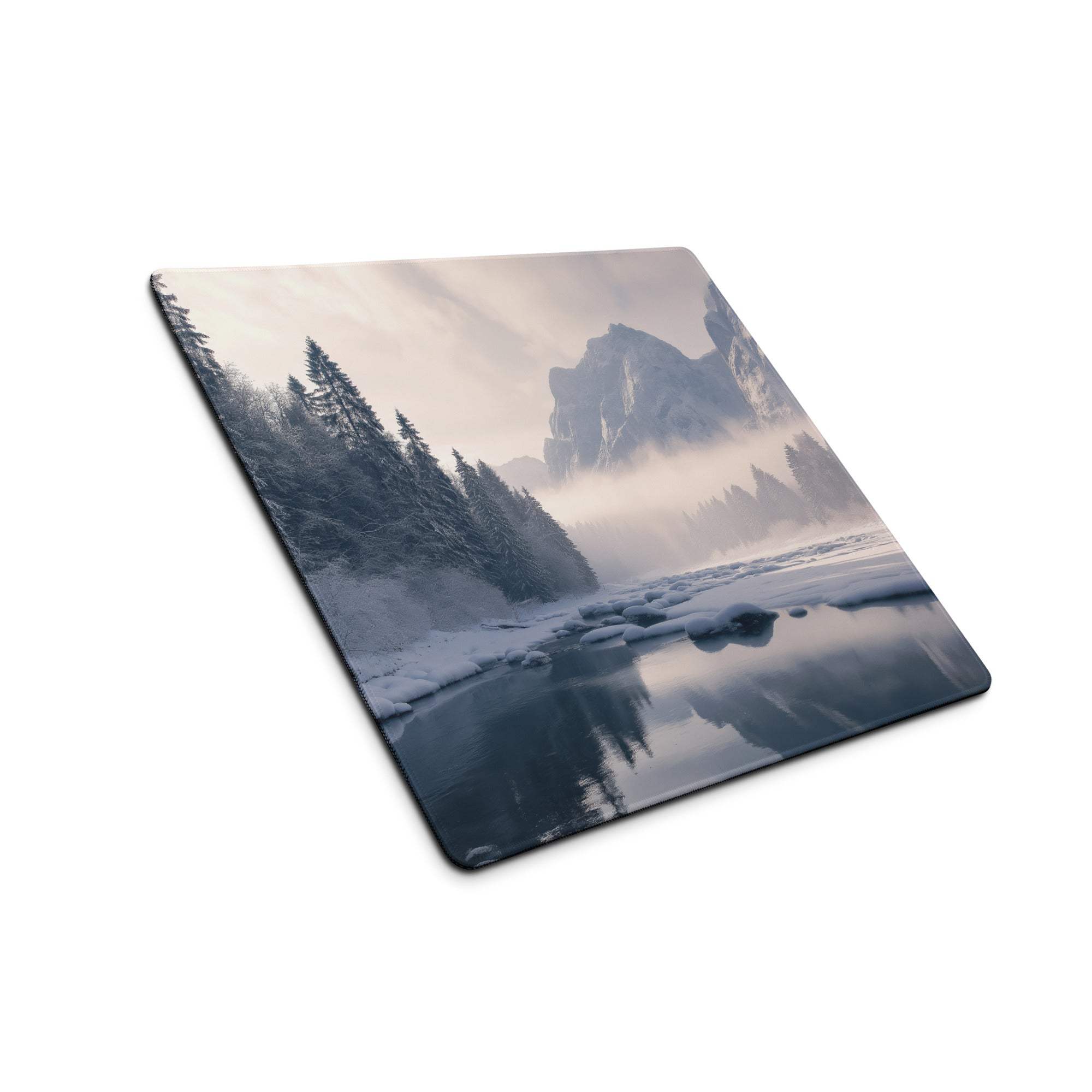 Serene winter mountain gaming mouse pad with snow pines, large non-slip