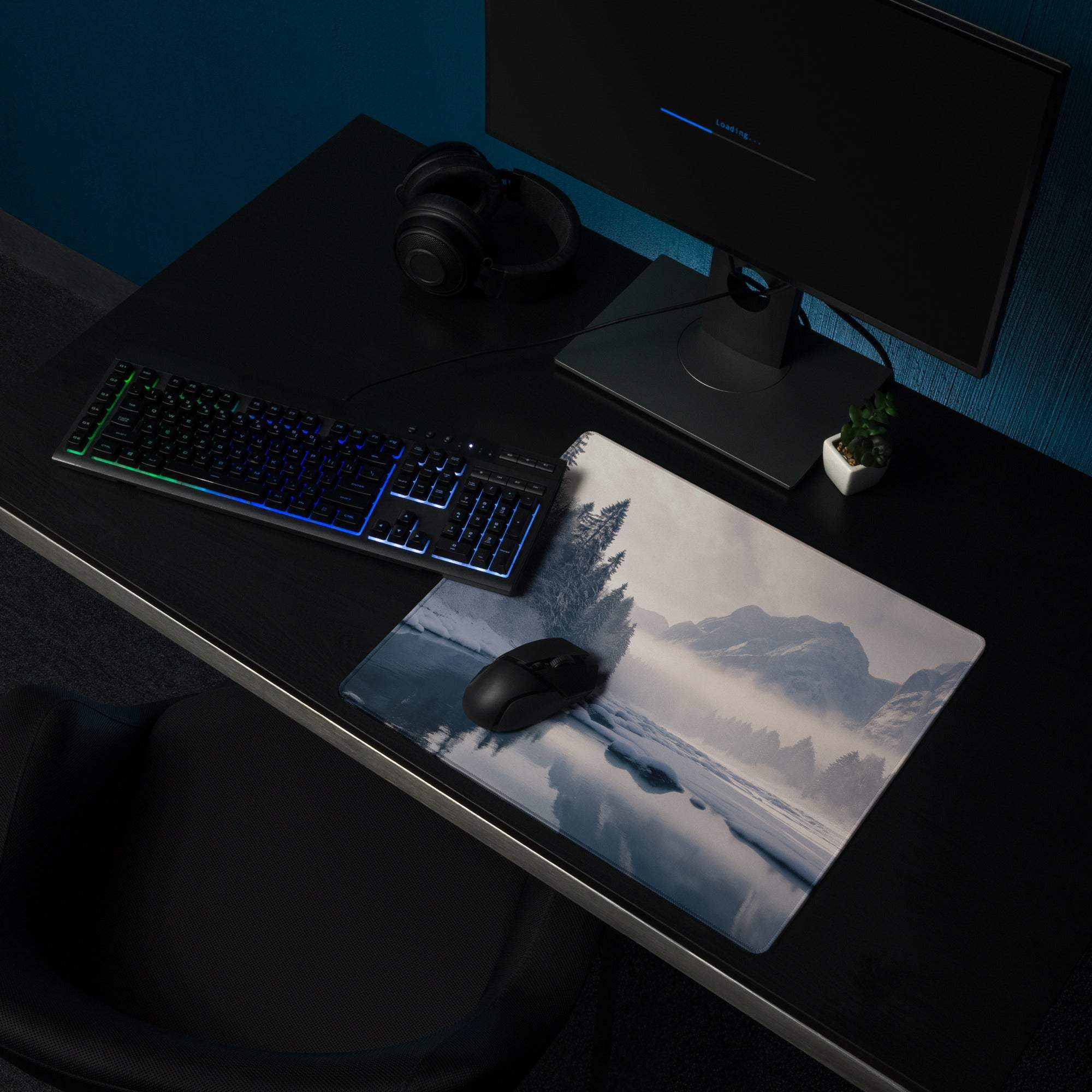 Serene winter mountain gaming mouse pad with large size and non-slip backing