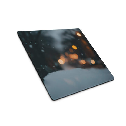 Sleek glass cutting board with moody midnight blue snowy night bokeh lights