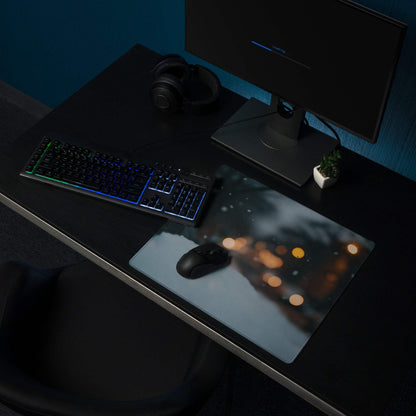 Moody midnight blue gaming mouse pad with nighttime cityscape bokeh lights
