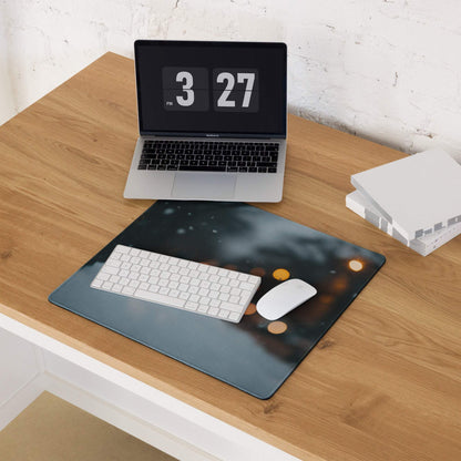 Dark gray cosmic gaming mouse pad with glowing orange orbs and starry sky