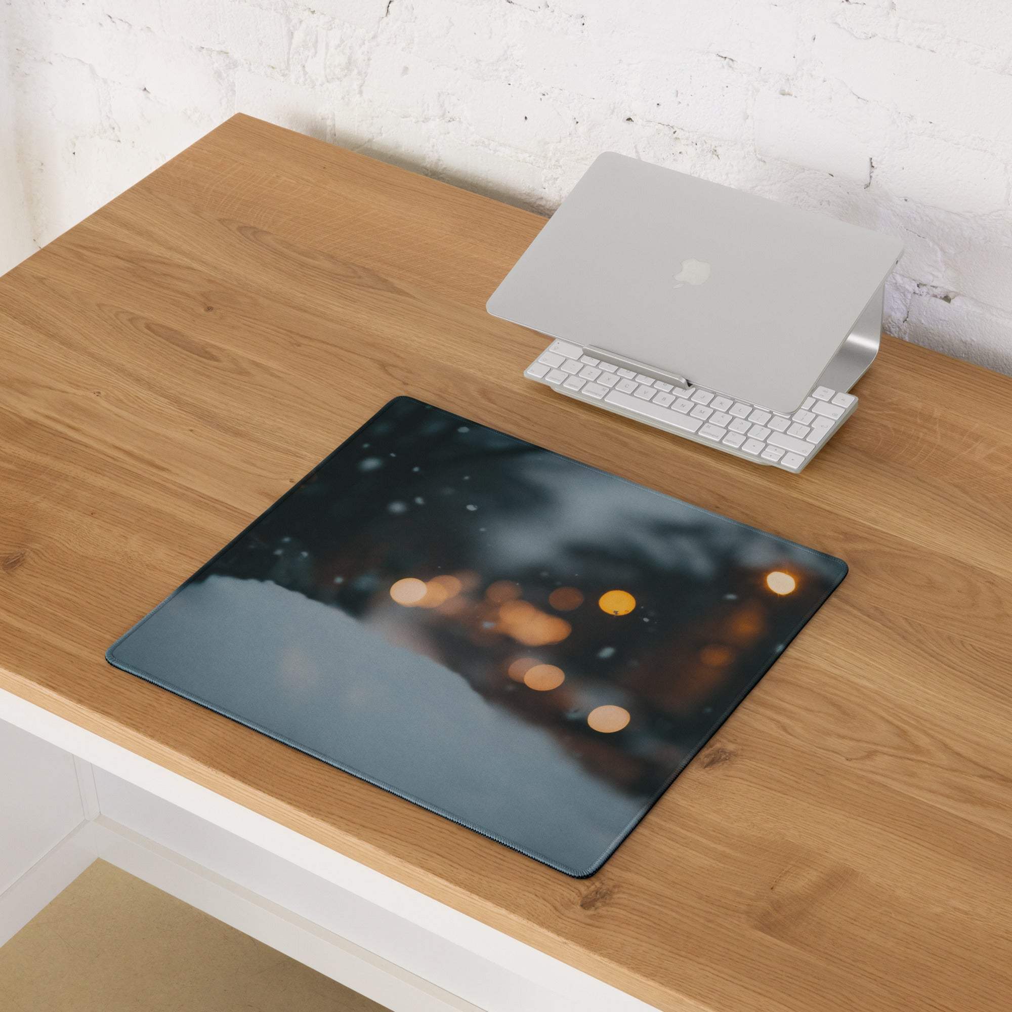 Dark blue gaming mouse pad with bokeh cityscape, moody midnight design