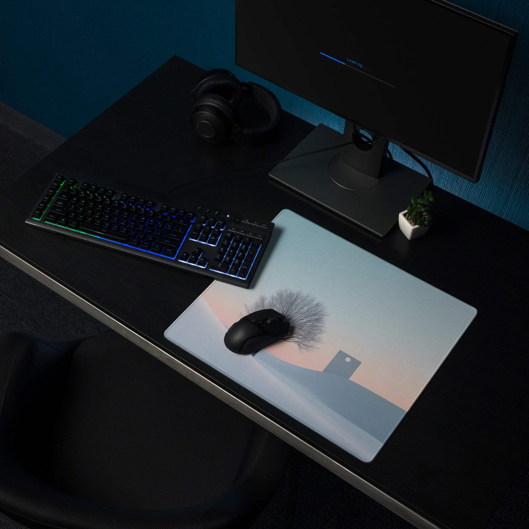 Large pastel winter landscape gaming mouse pad with non-slip base