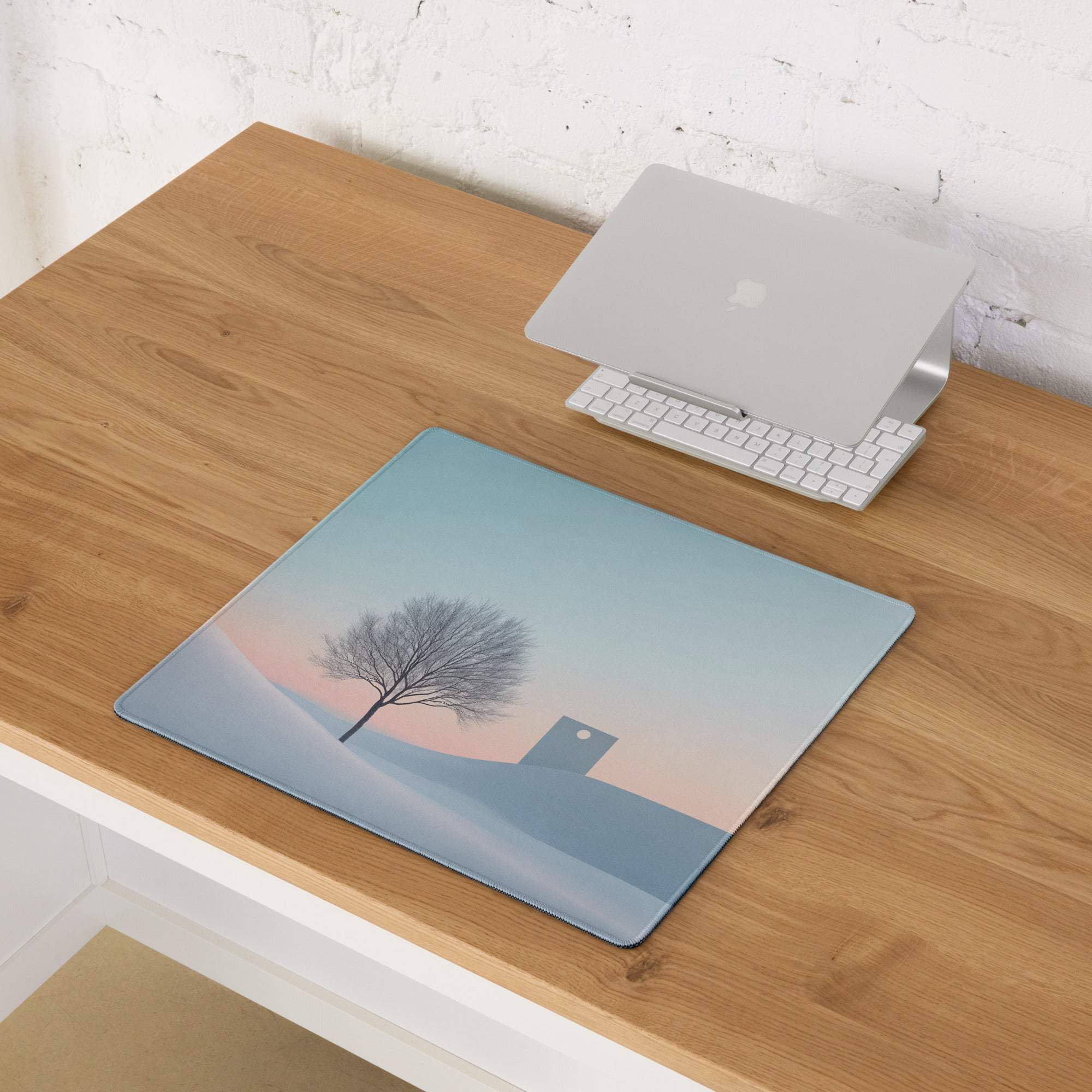 Large pastel winter landscape gaming mouse pad with serene tree and gradient sky