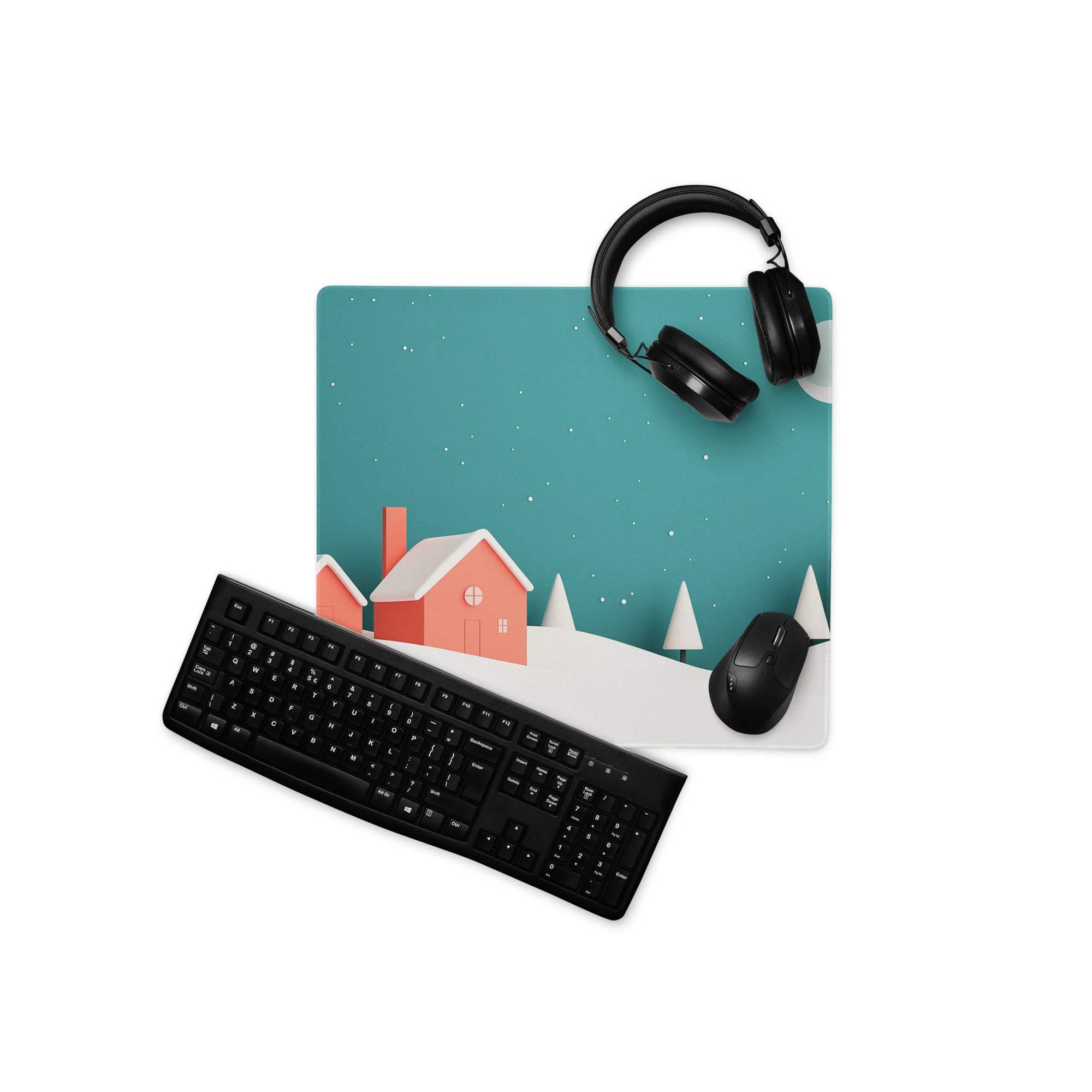 Teal whimsical winter village mousepad with pink house, snow, pines, starry sky