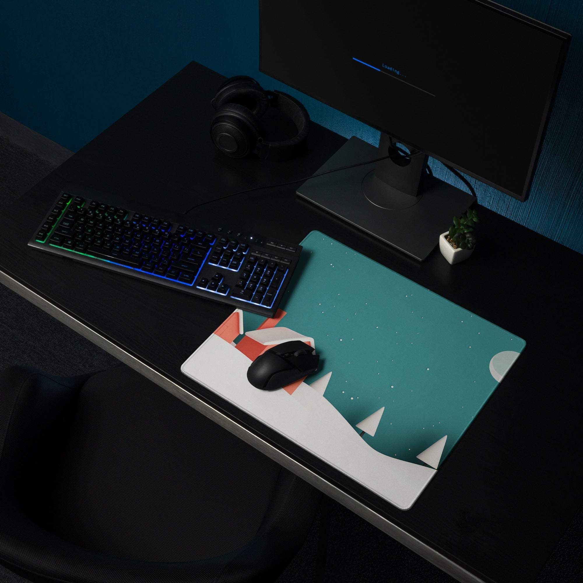 Teal and white geometric mountain mousepad with non-slip backing